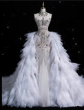 Vintage Sparkling Beaded Mermaid Design Strapless Princess Wedding Dress, HZ0319