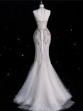 Vintage Sparkling Beaded Mermaid Design Strapless Princess Wedding Dress, HZ0319
