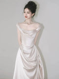 Retro Off-the-shoulder Floor Length Design Elegant Satin A-Line Wedding Dress, HZ0319