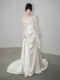Retro Off-the-shoulder Floor Length Design Elegant Satin A-Line Wedding Dress, HZ0319