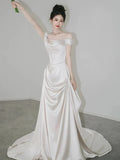 Retro Off-the-shoulder Floor Length Design Elegant Satin A-Line Wedding Dress, HZ0319