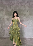 Retro Spaghetti Strap Irregular Ruffled Detachable Rose Design Elegant Satin Evening Dress Prom Dress HZ0319