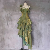 Retro Spaghetti Strap Irregular Ruffled Detachable Rose Design Elegant Satin Evening Dress Prom Dress HZ0319