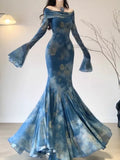 Vintage Blue Off-the-shoulder Floral Design Elegant Mermaid Chiffon Evening Dress Prom Dress HZ0319