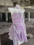 Retro Light Purple A-line Spaghetti Strap Short Lilac Homecoming Dress 17th Birthday Dress HZ0319