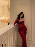 Vintage Red Spaghetti Strap Gloves Design Elegant Sheath Evening Dress Prom Dress HZ0319