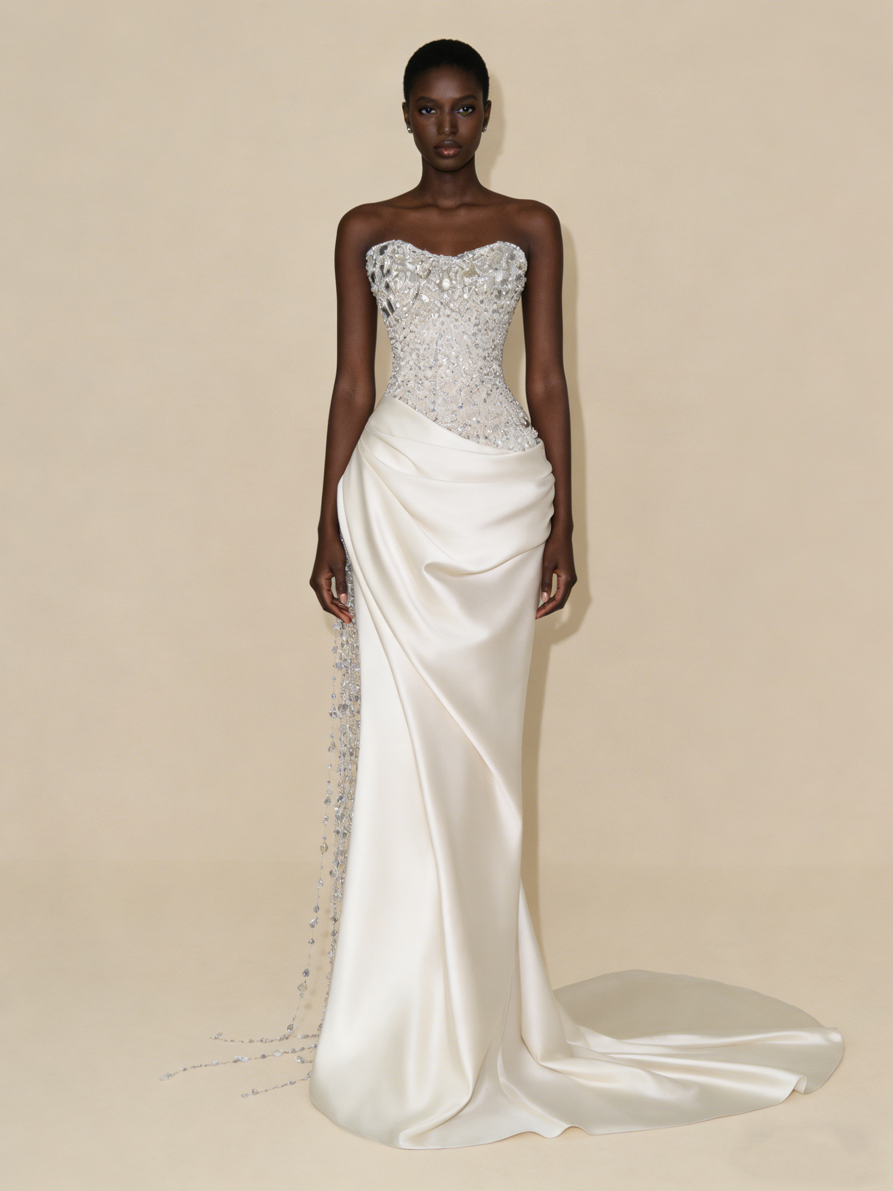 Stunning Strapless Sheath Satin Beaded Long Evening Party Dress Birthday Outfits, HZ0319