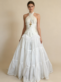 White Halter Neck A-Line Lace Vintage Wedding Dress Long Party Dresses, HZ0319