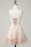 New Fashion Champagne Floral Design A-line Corset Spaghetti Strap Short Homecoming Dress, HZ0319