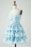 Vintage Light Blue Floral Design A-line Spaghetti Strap Tiered Homecoming Dress, HZ0319