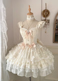 Vintage Beige Sweetheart Bow Lace-up Design A-line Tulle Tiered Party Dress Homecoming Dress HZ0319