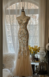 Elegant Mermaid Golden Sparkling Strapless Elegant Beaded Shinny Chiffon Evening Dress Prom Dress HZ0319