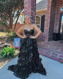 Dark Navy Sweetheart A-Line Lace Tiered Long Party Dress Senior Prom Dress, HZ0319