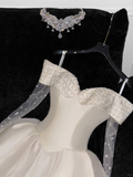 Elegant Ivory Off-the-shoulder Simple Design A-Line Satin Short Homecoming Dress Party Dress HZ0319