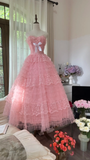 Vintage Pink Strapless Sweetheart Design Romantic Chiffon Tiered Evening Dress Prom Dress HZ0319