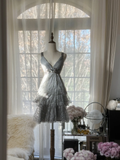 Retro Silvery V-neck Gorgeous Shinny Chiffon Tiered Evening Dress Prom Dress HZ0319