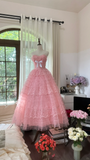 Vintage Pink Strapless Sweetheart Design Romantic Chiffon Tiered Evening Dress Prom Dress HZ0319