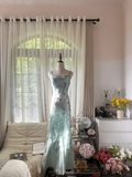 Retro Light Green Sparkling Beaded Spaghetti Strap Design Elegant Chiffon Evening Dress Prom Dress HZ0319