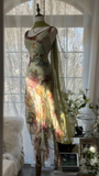 Elegant Green Fairy Gorgeous Floral Long Chiffon Spaghetti Strap Romantic Evening Dress Prom Dresses HZ0319