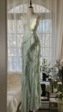 Vintage Light Green Shiny Spaghetti Strap Design Romantic Chiffon Evening Dress Prom Dress HZ0319