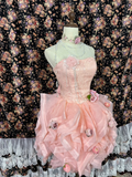 Pink Strapless Applique Beading 3D Flowers Short A-line Tulle Homecoming Dresses Party Dresses, HZ0319