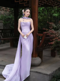 Elegant Light Purple Strapless Sheath Chiffon Long Evening Dress Prom Dresses HZ0319