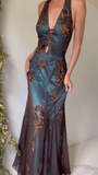 Elegant Teal Halter V Neck Mermaid Beading Vintage Long Formal Party Dresses, HZ0319