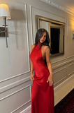 Sexy Red Halter Neck Sheath Satin Backless Long Party Dresses Evening Dresses, HZ0319