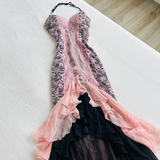 Pink Halter Neck Mermaid Lace Chiffon Vintage Long Evening Party Dresses, HZ0319