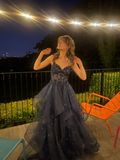 Shiny Navy Blue Spaghetti Straps A-Line Long Prom Dresses Birthday Dresses, HZ0319