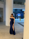 Navy Blue One Shoulder Mermaid Satin Long Party Dress Wedding Guest Dress, HZ0319
