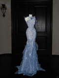 Blue Straps Ruffles Mermaid Beading Long Evening Dress Birthday Outfits, HZ0319