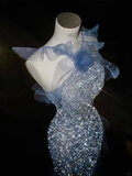 Blue Straps Ruffles Mermaid Beading Long Evening Dress Birthday Outfits, HZ0319
