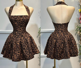 Pretty Brown Halter Neck A-Line Short Party Dresses Homecoming Dresses, HZ0319