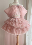 Pink Off Shoulder A-Line Tulle Tiered Short Party Dresses Birthday Outfits, HZ0319
