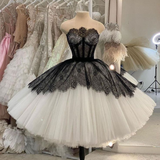Elegant Strapless A-Line Lace Tulle Midi Length Party Dresses Birthday Gown, HZ0319