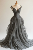 Modest Grey Sweetheart Sleeveless A-Line Chiffon Retro Evening Ball Gowns, HZ0319