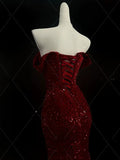 Burgundy Off Shoulder Mermaid Sequins Long Evening Party Dresses, HZ0319