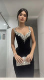 Elegant Black Straps Mermaid Beaded Long Party Dresses Evening Gown, HZ0319