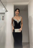 Elegant Black Straps Mermaid Beaded Long Party Dresses Evening Gown, HZ0319