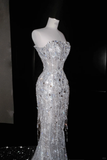 Glitter Strapless Mermaid Beading Tassel Long Evening Dress Birthday Outfits, HZ0319
