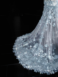 Blue Sleeveless Mermaid Beading Appliques Long Evening Dress Birthday Outfits, HZ0319
