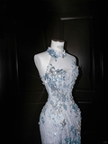 Blue Sleeveless Mermaid Beading Appliques Long Evening Dress Birthday Outfits, HZ0319