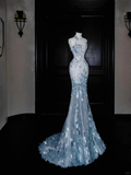 Blue Sleeveless Mermaid Beading Appliques Long Evening Dress Birthday Outfits, HZ0319