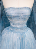 Gorgeous Blue Strapless A-Line Tulle Long Evening Dress Ball Gown Birthday Outfits, HZ0319