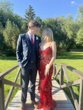 Sexy Red Spaghetti Straps Mermaid Beading Long Party Dress Evening Gown, HZ0319
