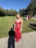 Sexy Red Spaghetti Straps Mermaid Beading Long Party Dress Evening Gown, HZ0319