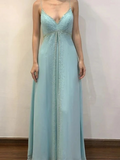 Tiffany Blue V Neck Straps A-Line Beading Long Prom Dress Vintage Party Dress, HZ0319