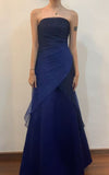Dark Navy Strapless A-Line Chiffon Long Prom Dress Vintage Party Dress, HZ0319