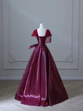 Elegant Burgundy A-Line Satin Long Formal Prom Dress Party Gown, HZ0319